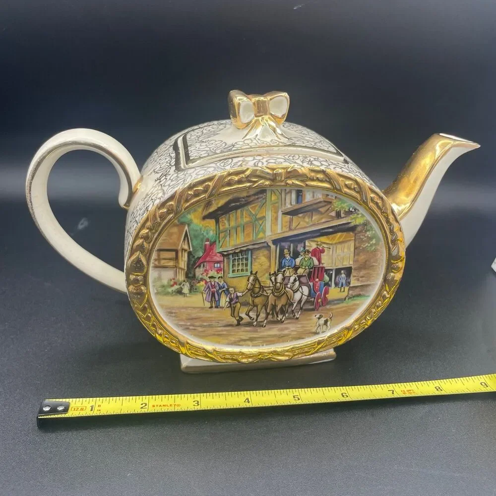 Vintage James Sadler Barrel Teapot Tavern Country Scene 1877 Made In England